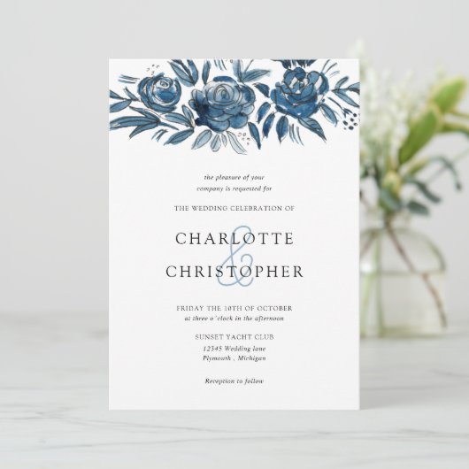 Blauer Blumenstrauch Einladung (Stehend Vorderseite)