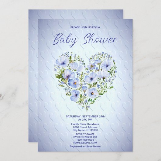 Blauer Blumenstrauß Baby Dusche Einladung (Vorne/Hinten)