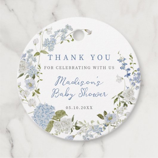 Blauer Blumenstrauß Babydusche Geschenkanhänger (Vorderseite)