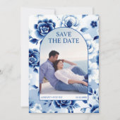 Blauer Blumenstrauß Chinoiserie, Aquarellspüler Fo Save The Date (Vorderseite)