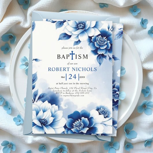 Blauer Blumenstrauß Chinoiserie, Aquarellwäsche Ta Einladung