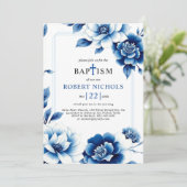 Blauer Blumenstrauß Chinoiserie mit dreilligem Ran Einladung (Stehend Vorderseite)