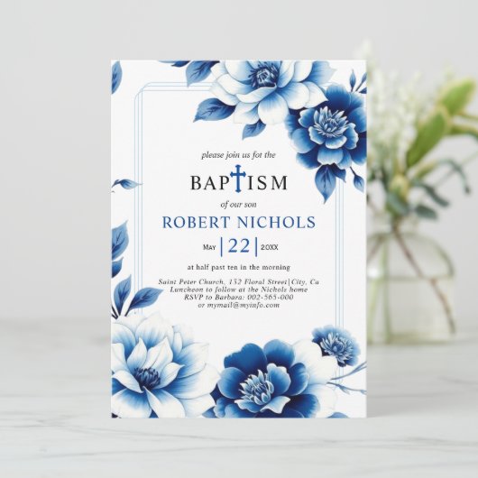 Blauer Blumenstrauß Chinoiserie mit dreilligem Ran Einladung (Stehend Vorderseite)