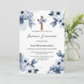 Blauer Blumenstrauß Einladung in spanischer Sprach (Stehend Vorderseite)