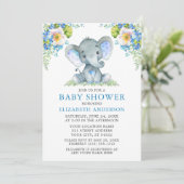Blauer Blumenstrauß Elefant Babydusche Einladung (Stehend Vorderseite)