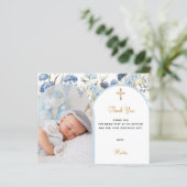 Blauer Blumenstrauß Foto Boy Taufe Danke Karte (Stehend Vorderseite)