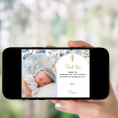 Blauer Blumenstrauß Foto Boy Taufe Danke Karte