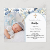 Blauer Blumenstrauß Foto Boy Taufe Einladung (Vorderseite)