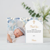 Blauer Blumenstrauß Foto Junge Gold Taufe Dankeskarte (Stehend Vorderseite)