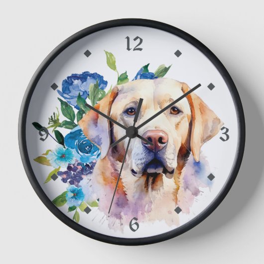 Blauer Blumenstrauß, gelbes Labrador Retriever Dog Uhr (Vorderseite)