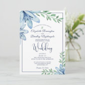 Blauer Blumenstrauß & Grüne Hochzeit Einladung (Stehend Vorderseite)