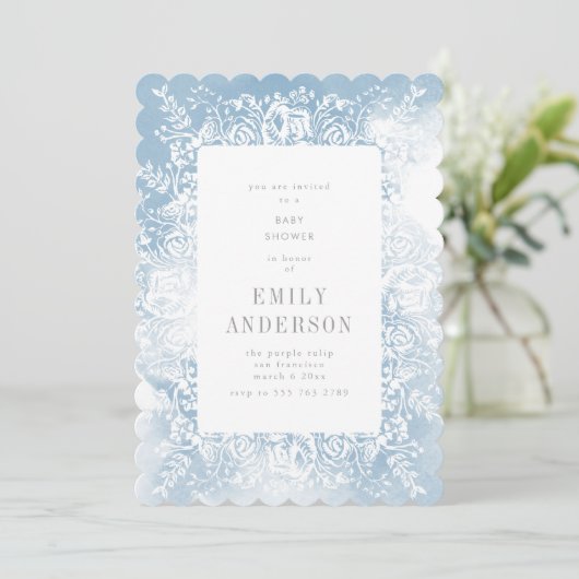 Blauer Blumenstrauß Kinderdusche Einladung (Stehend Vorderseite)