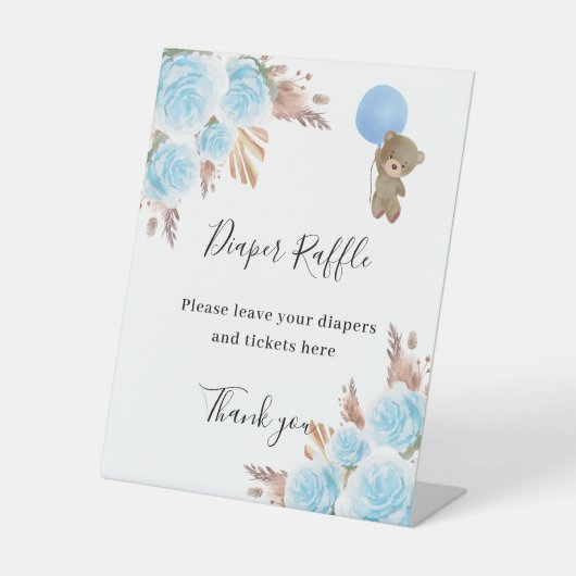 Blauer Blumenstrauß Pampas Babydusche Windelpreisz Sockelschild (Vorderseite)