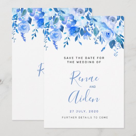 Blauer Blumenstrauß Save the Date, Hochzeit mit Bl Date (Vorne/Hinten)