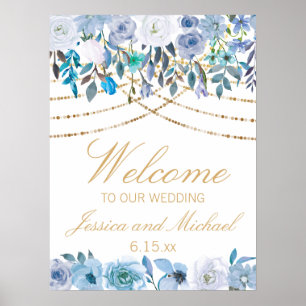 Blauer Blumenstrauß strahlt weiße Hochzeit Willkom Poster