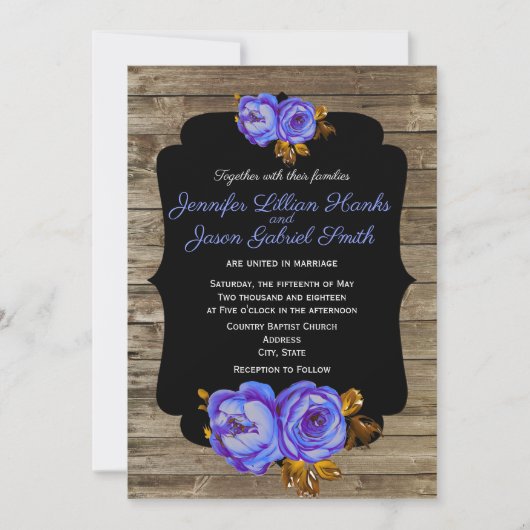 Blauer Blumenstrauß, Tafel rustikal-braunes Holz H Einladung (Vorderseite)