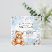 Blauer Blumenstrauß Teddy Bear Babydusche Einladung (Stehend Vorderseite)