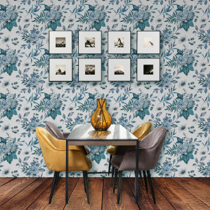 Blauer Blumenstrauß und Blattmuster Tapete