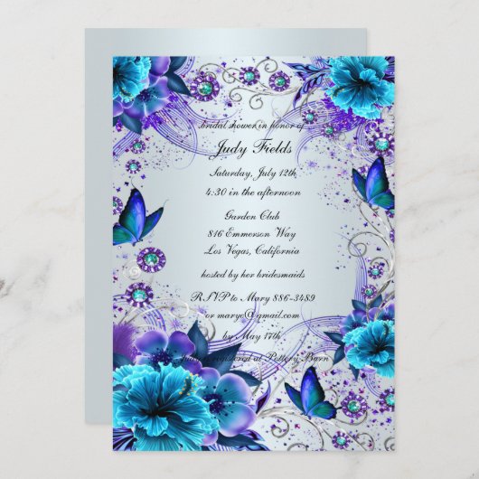 Blauer Blumenstrauß und Butterfly-Bridal-Dusche Ei Einladung (Vorne/Hinten)