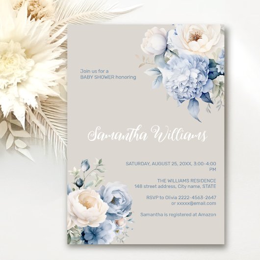 Blauer Blumenstrauß und Elfenbeinblütendusche Einl Einladung