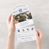 Blauer Blumenstrauß und Foto Hochzeit All In One Einladung (Abreißen)