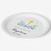 Blauer Blumenstrauß und Goldblütentaufe Pappteller (Schrägansicht)