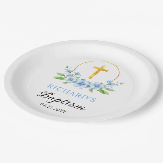 Blauer Blumenstrauß und Goldblütentaufe Pappteller (Schrägansicht)