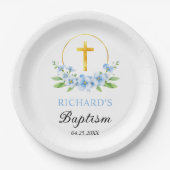 Blauer Blumenstrauß und Goldblütentaufe Pappteller (Vorderseite)