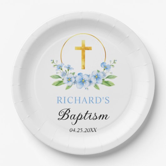 Blauer Blumenstrauß und Goldblütentaufe Pappteller (Vorderseite)