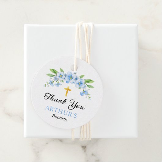 Blauer Blumenstrauß und Goldkreuz Taufe Vielen Dan Geschenkanhänger (Beispiel)