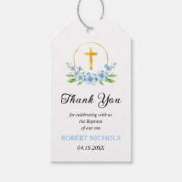 Blauer Blumenstrauß und Goldkreuz Taufe Vielen Dan Geschenkanhänger