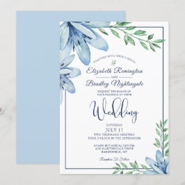 Blauer Blumenstrauß und Grüne Hochzeit Einladung