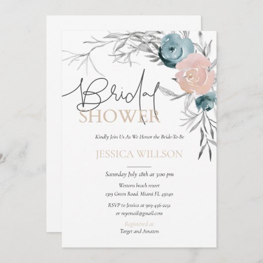 Blauer Blumenstrauß und rosa Brautdusche Einladung (Vorne/Hinten)