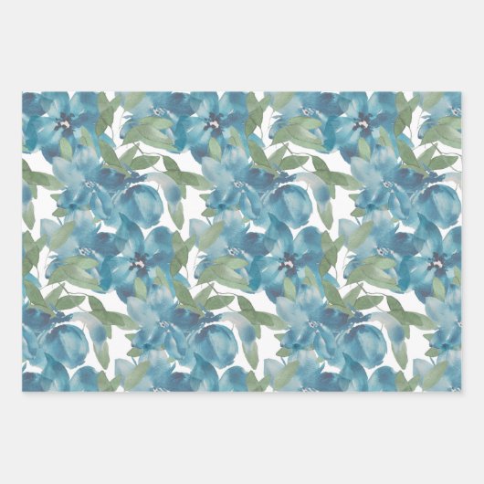 Blauer Blumenstrauß Wasserfarbe Handgestrichen Geschenkpapier Set (Vorderseite 3)