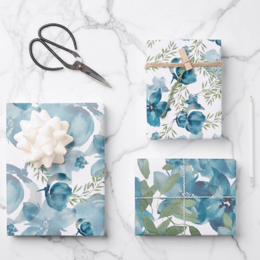 Blauer Blumenstrauß Wasserfarbe Handgestrichen Geschenkpapier Set (Vorderseite)