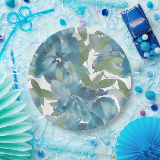 Blauer Blumenstrauß Wasserfarbe Handgestrichen Pappteller (Party)