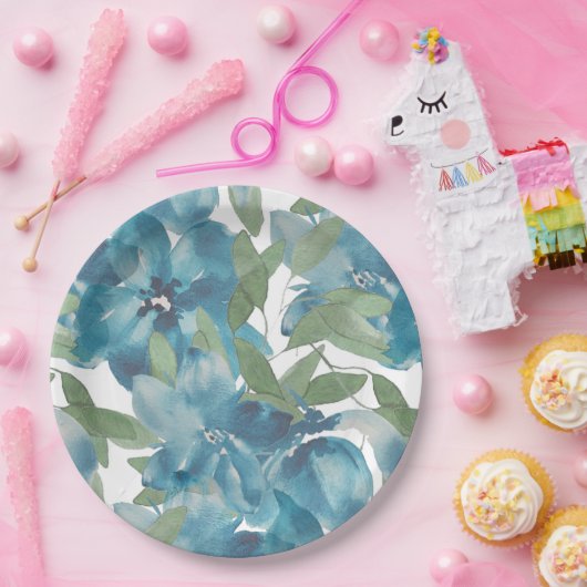 Blauer Blumenstrauß Wasserfarbe Handgestrichen Pappteller (Party)