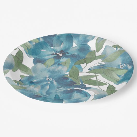 Blauer Blumenstrauß Wasserfarbe Handgestrichen Pappteller (Schrägansicht)