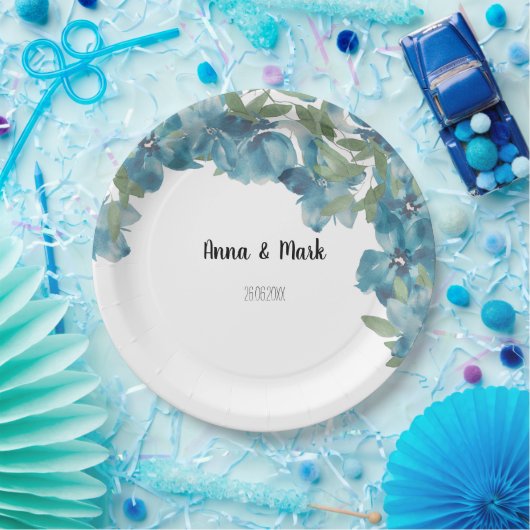 Blauer Blumenstrauß Wasserfarbe Handgestrichen Pappteller (Party)