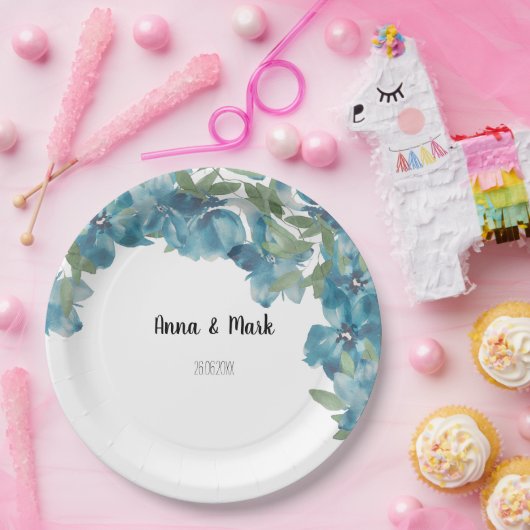 Blauer Blumenstrauß Wasserfarbe Handgestrichen Pappteller (Party)