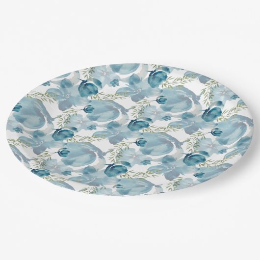 Blauer Blumenstrauß Wasserfarbe Handgestrichen Pappteller (Schrägansicht)