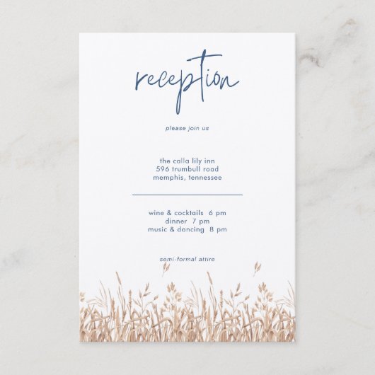 Blauer Blumenstrauß & Weizenfeld Moderner Empfang Begleitkarte (Vorderseite)