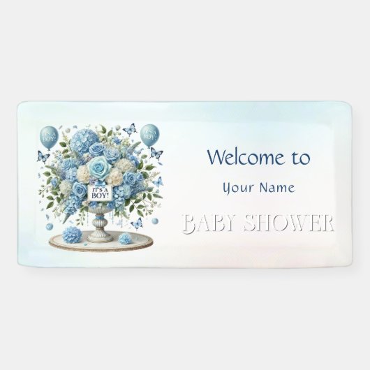 Blauer Blumenvase Baby Dusche Banner (Horizontal)