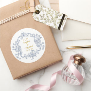 Blauer Blumenwappen-Hochzeit I Monogramm und Initi Runder Aufkleber