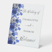 Blauer Blumenzauber Begrüßung Sockelschild (Vorderseite)