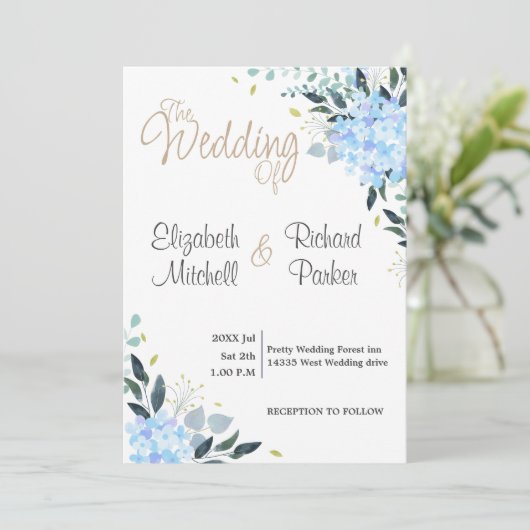 Blauer Blumenzauber Einladung (Stehend Vorderseite)