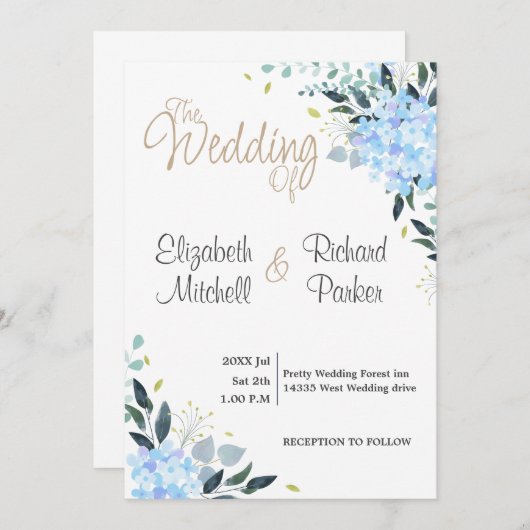 Blauer Blumenzauber Einladung (Vorne/Hinten)