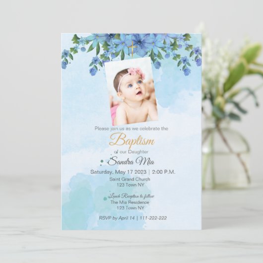 Blauer Blumenzwerg Einladung (Stehend Vorderseite)