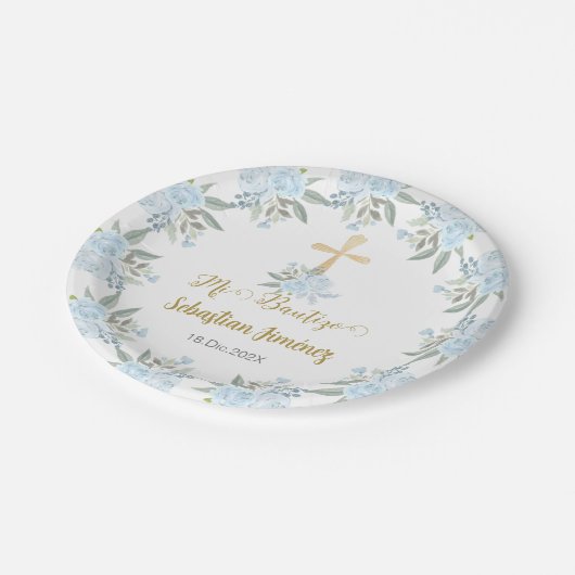 Blauer Blumenzwerg Pappteller (Schrägansicht)