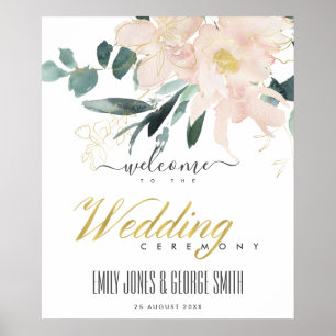BLAUER BLUSH GOLD FLORAL WATERCOLOR WEDING WILLKOM POSTER
